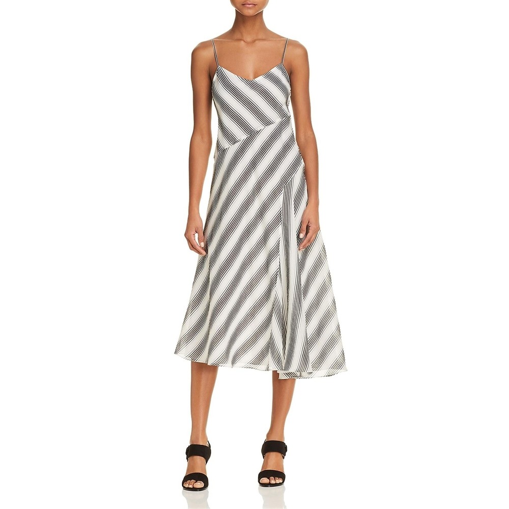 Theory Cotton Silk White Black Asymmetrical Sleeveless Maxi MIDI Dress 10 L